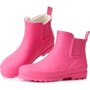 Women's Pink Waterproof Rain Boots with Plush Lining Non-Slip Winter Boots